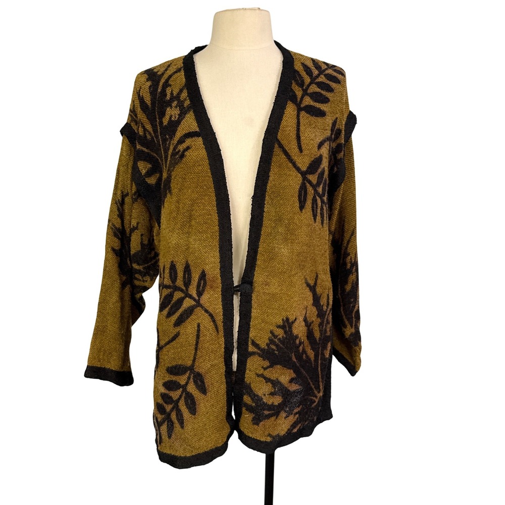RRT Designs Women's Open Front Cardigan Green Black Leaf Print Viscose Knit, L